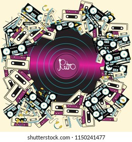 Texture frames from retro musicians old antiquarian hipster electronics appliances audio tape recorders audio cassettes and vinyl records from the 60s 70s 80s 90s. Vector illustration.