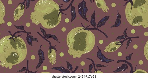 Texture fruits. Plant organic pattern. Cartoon style. Hand drawn elements. Vector seamless overlapping pattern.