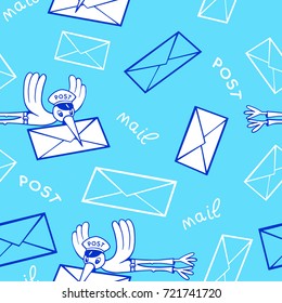 Texture with a funny bird-postman and flying envelopes. A vector illustration.