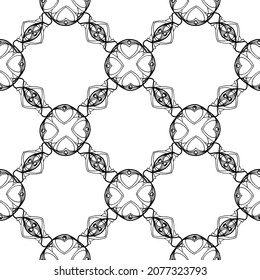 texture in a geometric pattern of circles and lines. seamless pattern of a black outline of a mandala crossing each other, stylized on a white tile design template