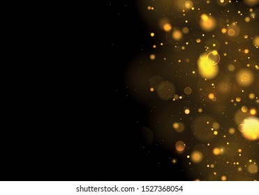 Texture glitter and elegant for Christmas. Sparkling magical gold yellow dust particles. Magic concept. Abstract black background with bokeh effect. Vector