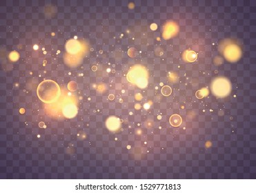 Texture glitter and elegant for Christmas. Sparkling magical gold yellow dust particles. Magic concept. Abstract transparent background with bokeh effect. Vector