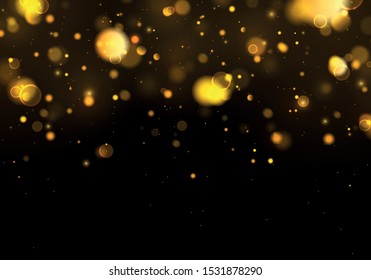 Texture glitter and elegant for Christmas. Sparkling magical gold yellow dust particles. Magic concept. Abstract black background with bokeh effect. Vector