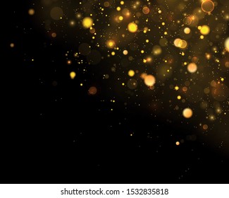 Texture glitter and elegant for Christmas. Sparkling magical gold yellow dust particles. Magic concept. Abstract black background with bokeh effect. Vector