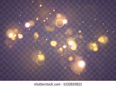 Texture glitter and elegant for Christmas. Sparkling magical gold yellow dust particles. Magic concept. Abstract transparent background with bokeh effect. Vector