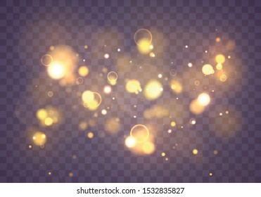 Texture glitter and elegant for Christmas. Sparkling magical gold yellow dust particles. Magic concept. Abstract transparent background with bokeh effect. Vector