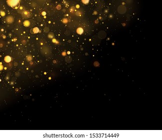 Texture glitter and elegant for Christmas. Sparkling magical gold yellow dust particles. Magic concept. Abstract black background with bokeh effect. Vector