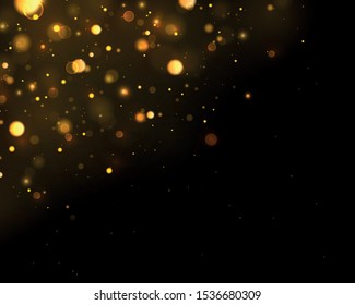 Texture glitter and elegant for Christmas. Sparkling magical gold yellow dust particles. Magic concept. Abstract black background with bokeh effect. Vector