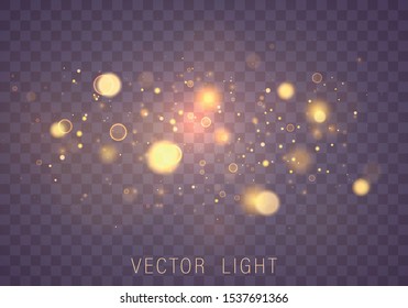 Texture glitter and elegant for Christmas. Sparkling magical gold yellow dust particles. Magic concept. Abstract transparent background with bokeh effect. Vector