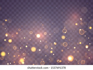 Texture glitter and elegant for Christmas. Sparkling magical gold yellow dust particles. Magic concept. Abstract transparent background with bokeh effect. Vector