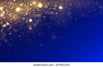 Texture glitter and elegant for Christmas. Sparkling magical gold yellow dust particles. Magic golden concept. Abstract blue background with bokeh effect. Vector