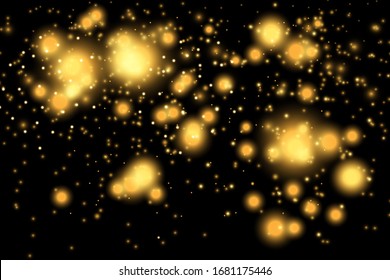 Texture glitter and elegant for Christmas. Sparkling magical gold yellow dust particles. Magic golden concept. Abstract black background with bokeh effect. Vector