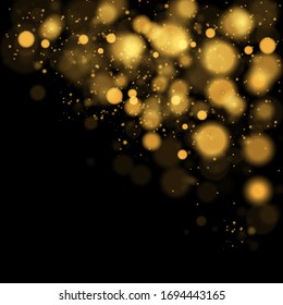 Brillo de textura y elegante para Navidad. Partículas mágicas de polvo amarillo dorado. Concepto mágico. Fondo negro abstracto con efecto bokeh. Vector