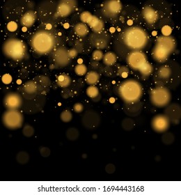 Texture glitter and elegant for Christmas. Sparkling magical gold yellow dust particles. Magic concept. Abstract black background with bokeh effect. Vector