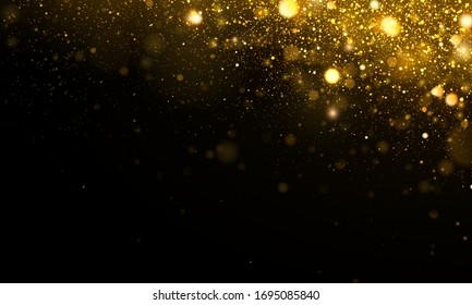 Texture glitter and elegant for Christmas. Sparkling magical gold yellow dust particles. Magic golden concept. Abstract black background with bokeh effect. Vector