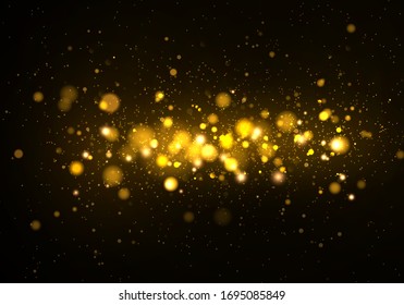 Texture glitter and elegant for Christmas. Sparkling magical gold yellow dust particles. Magic golden concept. Abstract black background with bokeh effect. Vector