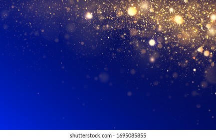 Texture glitter and elegant for Christmas. Sparkling magical gold yellow dust particles. Magic golden concept. Abstract blue background with bokeh effect. Vector