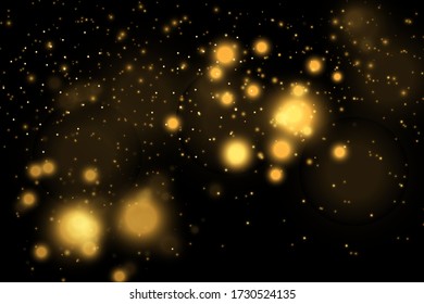 Brillo de textura y elegante para Navidad. Espinando mágicas partículas de polvo amarillo dorado. Concepto de oro mágico. Resumen de fondo negro con efecto bokeh. Vector 