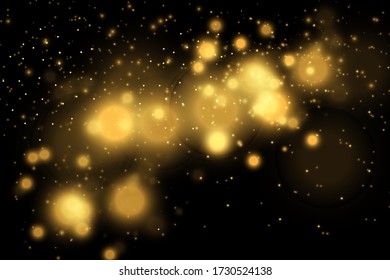 Texture glitter and elegant for Christmas. Sparkling magical gold yellow dust particles. Magic golden concept. Abstract black background with bokeh effect. Vector 