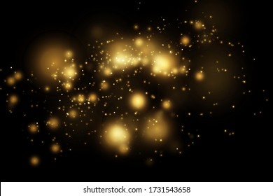 Texture glitter and elegant for Christmas. Sparkling magical gold yellow dust particles. Magic golden concept. Abstract black background with bokeh effect. Vector 