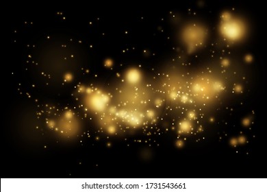 Brillo de textura y elegante para Navidad. Espinando mágicas partículas de polvo amarillo dorado. Concepto de oro mágico. Resumen de fondo negro con efecto bokeh. Vector 