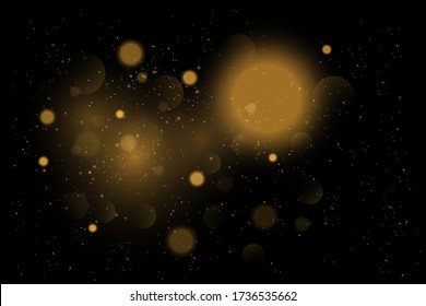 Texture glitter and elegant for Christmas. Sparkling magical gold yellow dust particles. Magic golden concept. Abstract black background with bokeh effect. Vector 