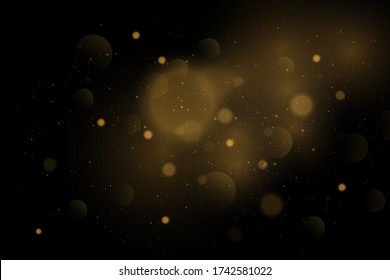 Texture glitter and elegant for Christmas. Sparkling magical gold yellow dust particles. Magic golden concept. Abstract black background with bokeh effect. Vector 