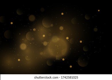 Brillo de textura y elegante para Navidad. Espinando mágicas partículas de polvo amarillo dorado. Concepto de oro mágico. Resumen de fondo negro con efecto bokeh. Vector 