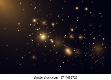 Texture glitter and elegant for Christmas. Sparkling magical gold yellow dust particles. Magic golden concept. Abstract black background with bokeh effect. Vector 