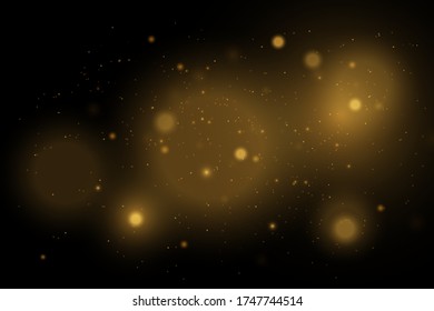 Texture glitter and elegant for Christmas. Sparkling magical gold yellow dust particles. Magic golden concept. Abstract black background with bokeh effect. Vector