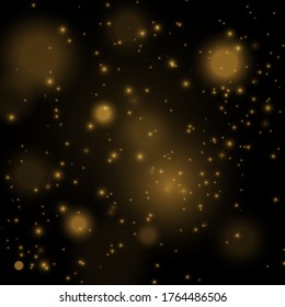 Texture glitter and elegant for Christmas. Sparkling magical gold yellow dust particles. Magic golden concept. Abstract black background with bokeh effect. Vector 