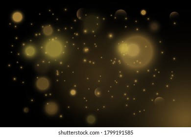 Texture glitter and elegant for Christmas. Sparkling magical gold yellow dust particles. Magic golden concept. Abstract black background with bokeh effect. Vector 