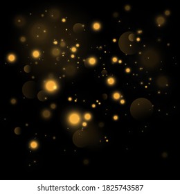 Texture glitter and elegant for Christmas. Sparkling magical gold yellow dust particles. Magic golden concept. Abstract black background with bokeh effect. Vector