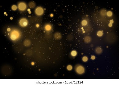 Texture glitter and elegant for Christmas. Sparkling magical gold yellow dust particles. Magic golden concept. Abstract black background with bokeh effect. Vector