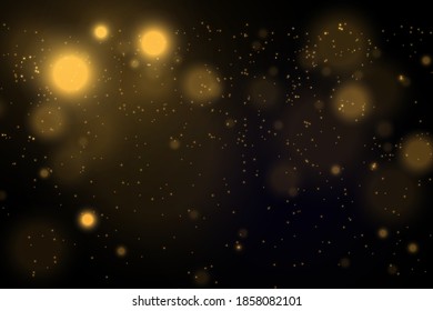 Texture glitter and elegant for Christmas. Sparkling magical gold yellow dust particles. Magic golden concept. Abstract black background with bokeh effect. Vector