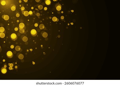Texture glitter and elegant for Christmas. Sparkling magical gold yellow dust particles. Bokeh effect. Magic golden concept. Abstract black background.