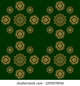 Texture of gold foil. Abstract gold geometric modern design on a green background. Gold circles seamless pattern. Vector shiny backdrop. Art deco style.