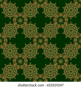 Texture of gold foil. Abstract gold geometric modern design on a green background. Art deco style. Gold circles seamless pattern. Vector shiny backdrop.