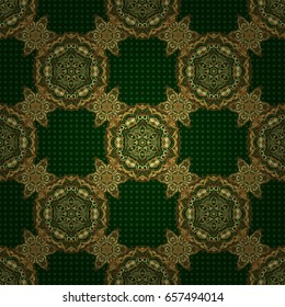 Texture of gold foil. Abstract geometric modern background. Shiny backdrop. Green and gold seamless pattern. Vector illustration. Polka dots, confetti. Art deco style.
