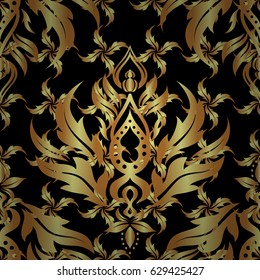 Texture of gold foil. Art deco style. Polka dots, confetti. Shiny backdrop. Black and gold seamless pattern. Vector illustration. Abstract geometric modern background.
