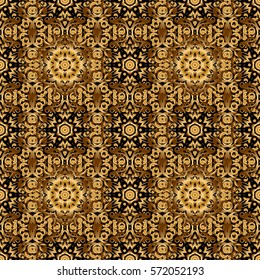 Texture of gold foil. Gold circles seamless pattern. Vector shiny backdrop. Abstract gold geometric modern design on a black background. Art deco style.