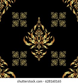 Texture of gold foil. Polka dots, confetti. Shiny backdrop. Vector illustration. Black and gold seamless pattern. Abstract geometric modern background. Art deco style.