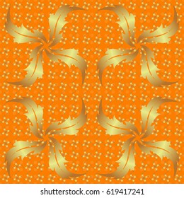 Texture of gold foil. Shiny backdrop. Abstract geometric modern background. Orange and gold seamless pattern. Art deco style. Polka dots, confetti. Vector illustration.