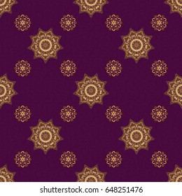 Texture of gold foil. Vector shiny backdrop. Gold circles seamless pattern. Art deco style. Abstract gold geometric modern design on a purple background.
