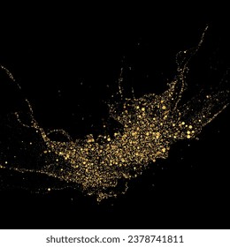 Textur des Goldes glitzert auf schwarzem Hintergrund. Abstrakte goldene Farbpartikel, Konfetti glitter Explosion. Festlicher Hintergrund.
