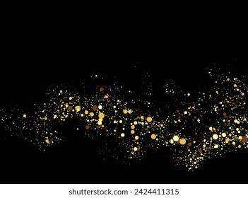 Texture of gold glitter, on a black background. Abstract golden color particles, confetti glitter explosion. Festive background.