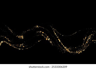 Texture of gold glitter, on a black background. Abstract golden color particles, confetti glitter explosion. Festive background.