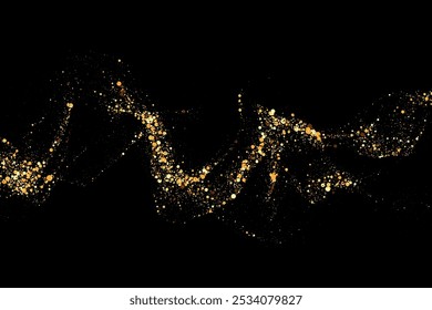 Struktur aus goldenem Glitter auf schwarzem Hintergrund. Abstrakte goldene Farbpartikel, Konfetti Glitter Explosion. Festlicher Hintergrund.
