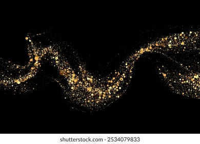 Texture of gold glitter, on a black background. Abstract golden color particles, confetti glitter explosion. Festive background.