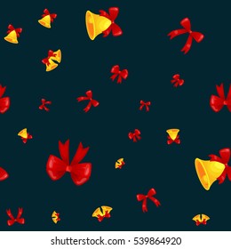 texture of golden Christmas decoration bells with cartoon red bow, jingle  seamless pattern foe winter holiday vector illustration, xmas background